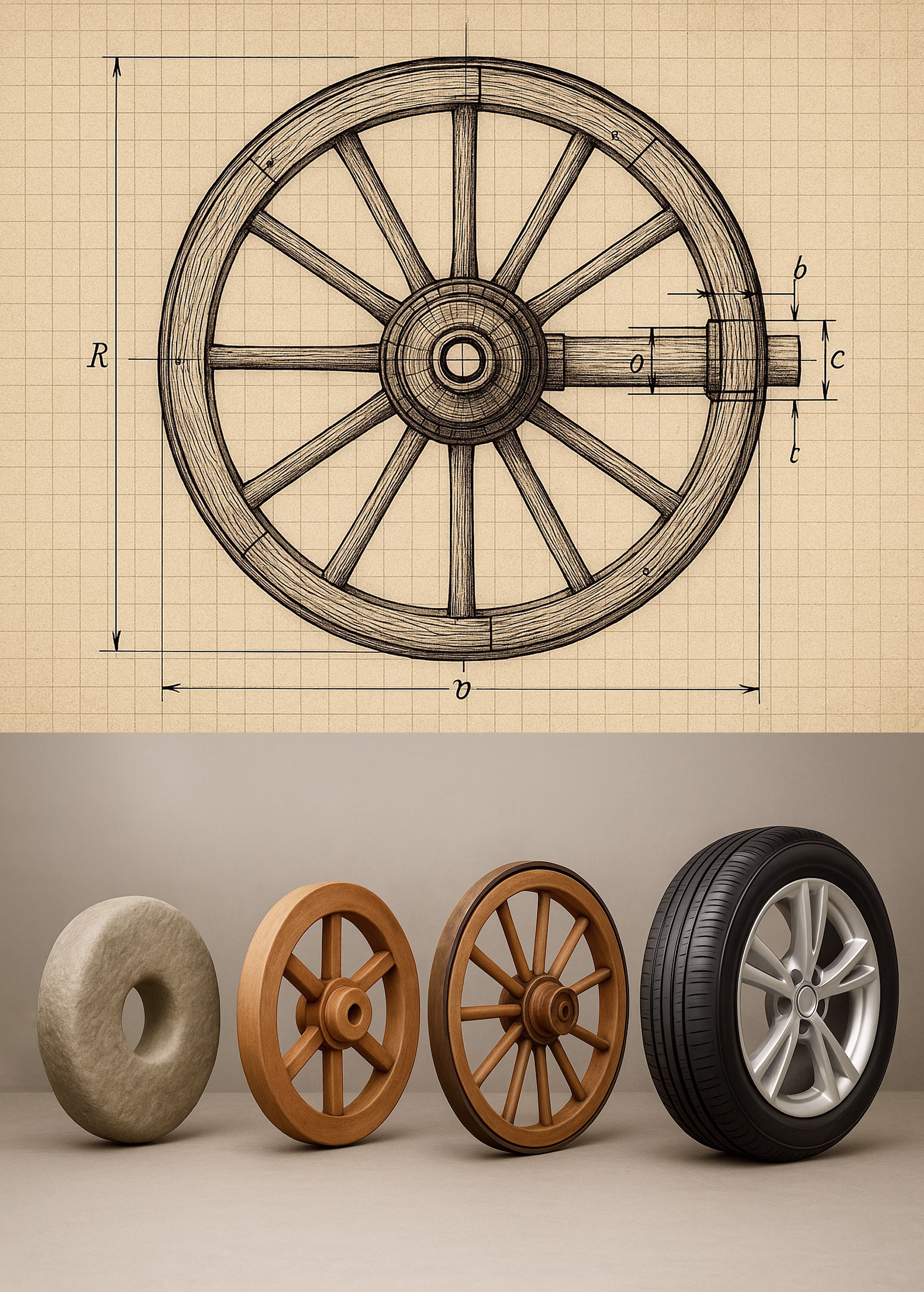Visual timeline of wheel evolution from stone disc to modern car tire — invention and technological progress